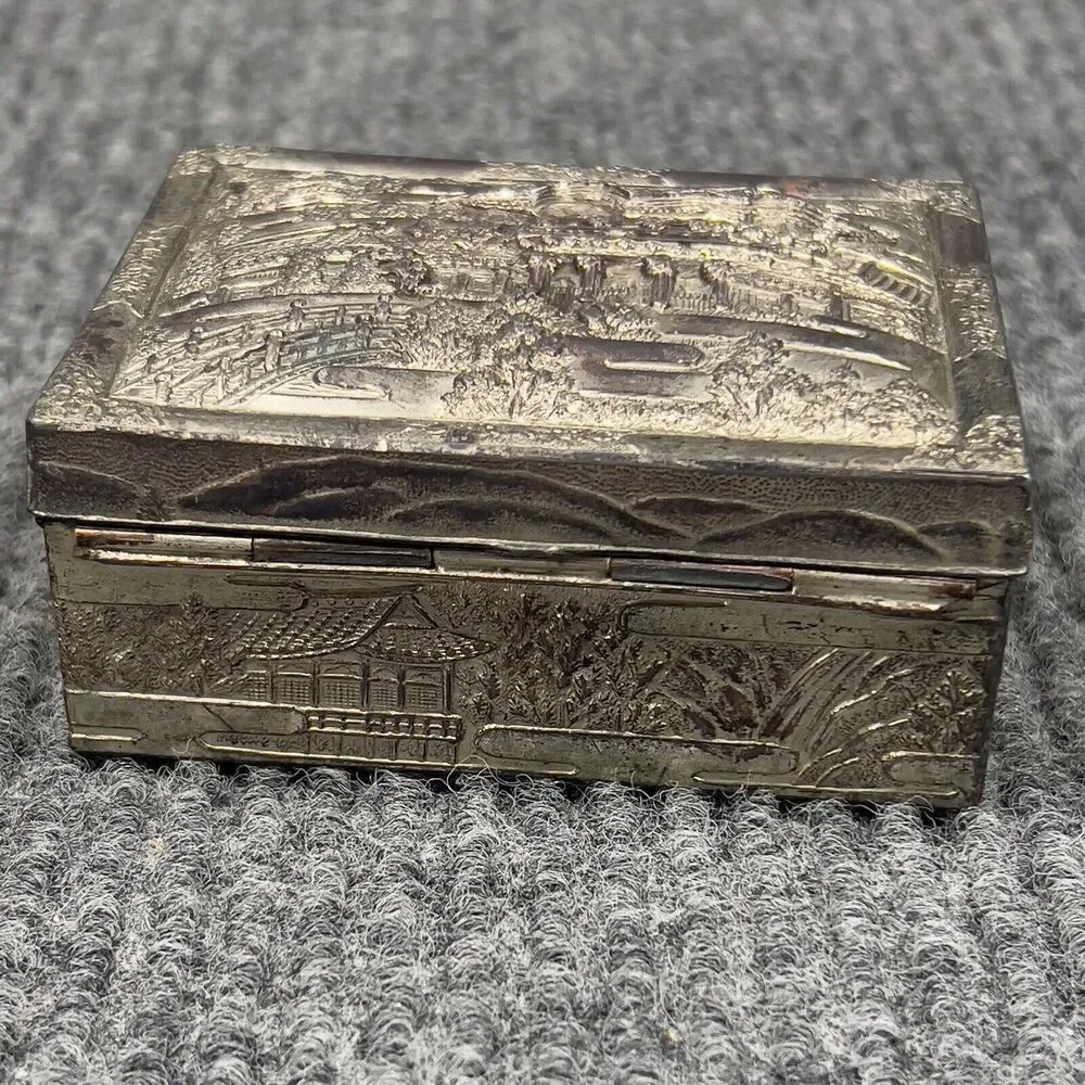 Vintage Trinket Vanity Box Wooden Lined Inside Silvertone Detailed 4x3 Japan‎